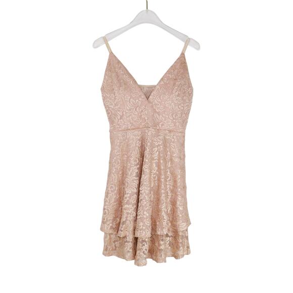 Emerald Sundae Pink Lace Sparkly Spaghetti Strap V-Neck Mini Dress Medium - Picture 3 of 9